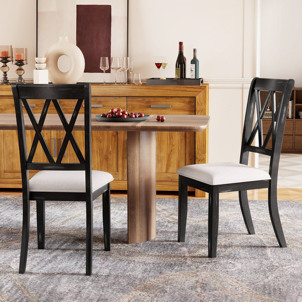 Dining Chairs Set of 2 Kitchen Side Chairs with Curved Cross Back-Beige view 3
