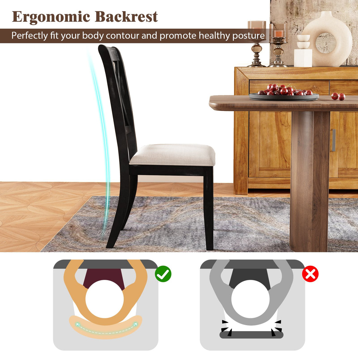 Dining Chairs Set of 2 Kitchen Side Chairs with Curved Cross Back-Beige view 5