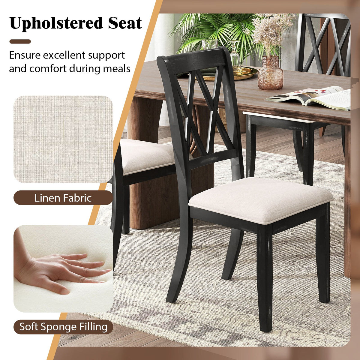 Dining Chairs Set of 2 Kitchen Side Chairs with Curved Cross Back-Beige view 7