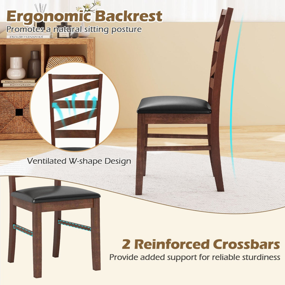 Dining Chairs Set of 2 Kitchen Side Chairs with Rubber Wood Legs-Walnut view 7