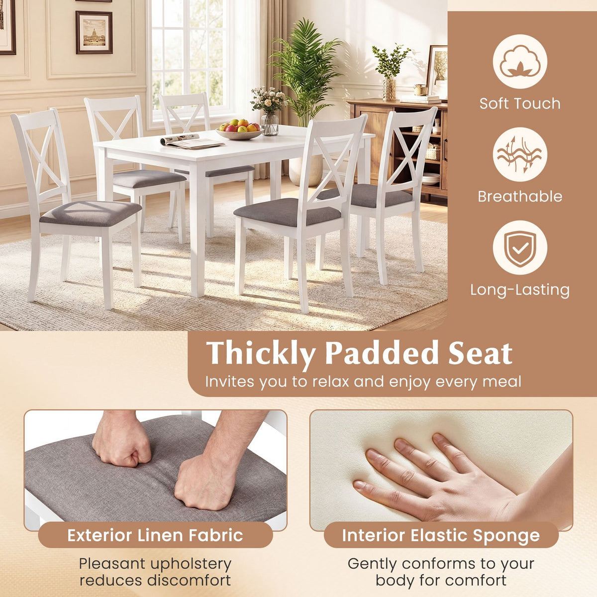 Dining Chairs Set of 2 Rubber Wood Dining Room Chairs with Comfortable Backrest and Padded Seat-White view 8