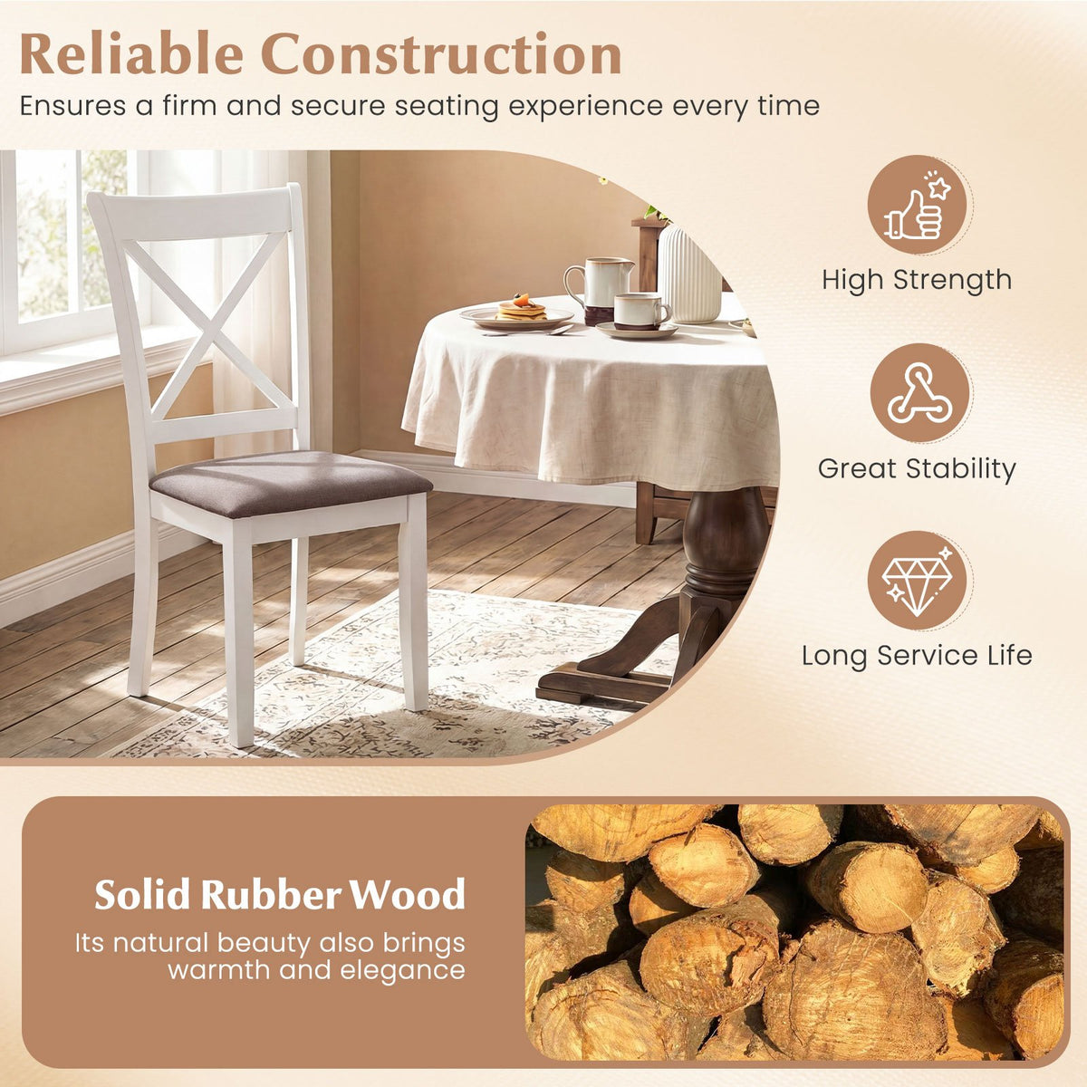 Dining Chairs Set of 2 Rubber Wood Dining Room Chairs with Comfortable Backrest and Padded Seat-White view 9