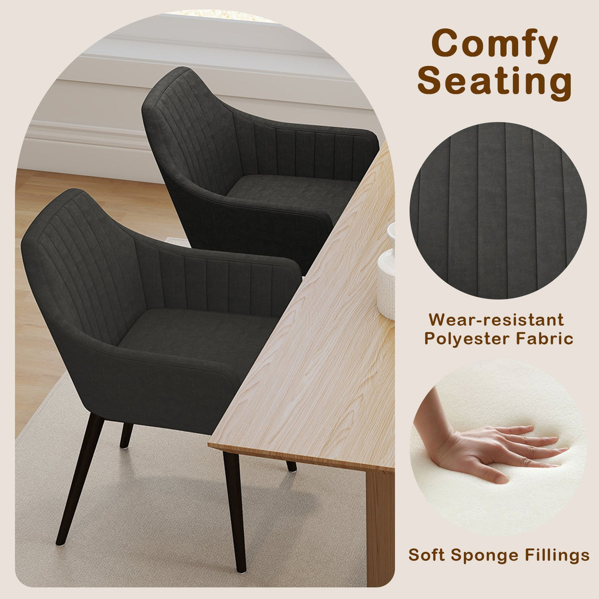 Dining Chairs Set of 2 Upholstered Accent Chairs with Comfy Padded Backrest and Seat-Black view 6