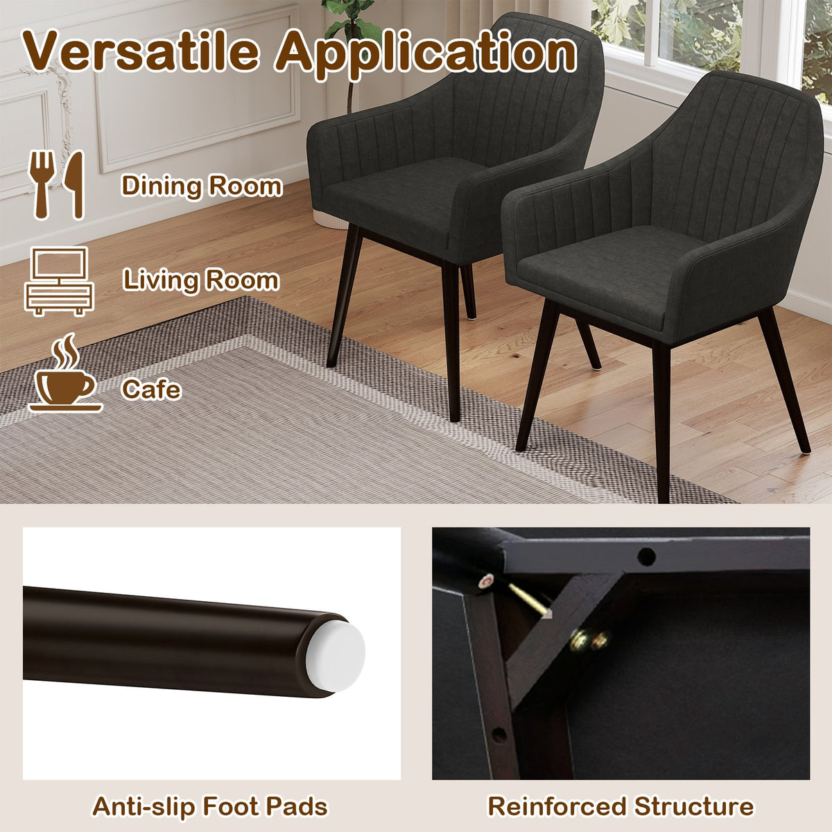 Dining Chairs Set of 2 Upholstered Accent Chairs with Comfy Padded Backrest and Seat-Black view 8