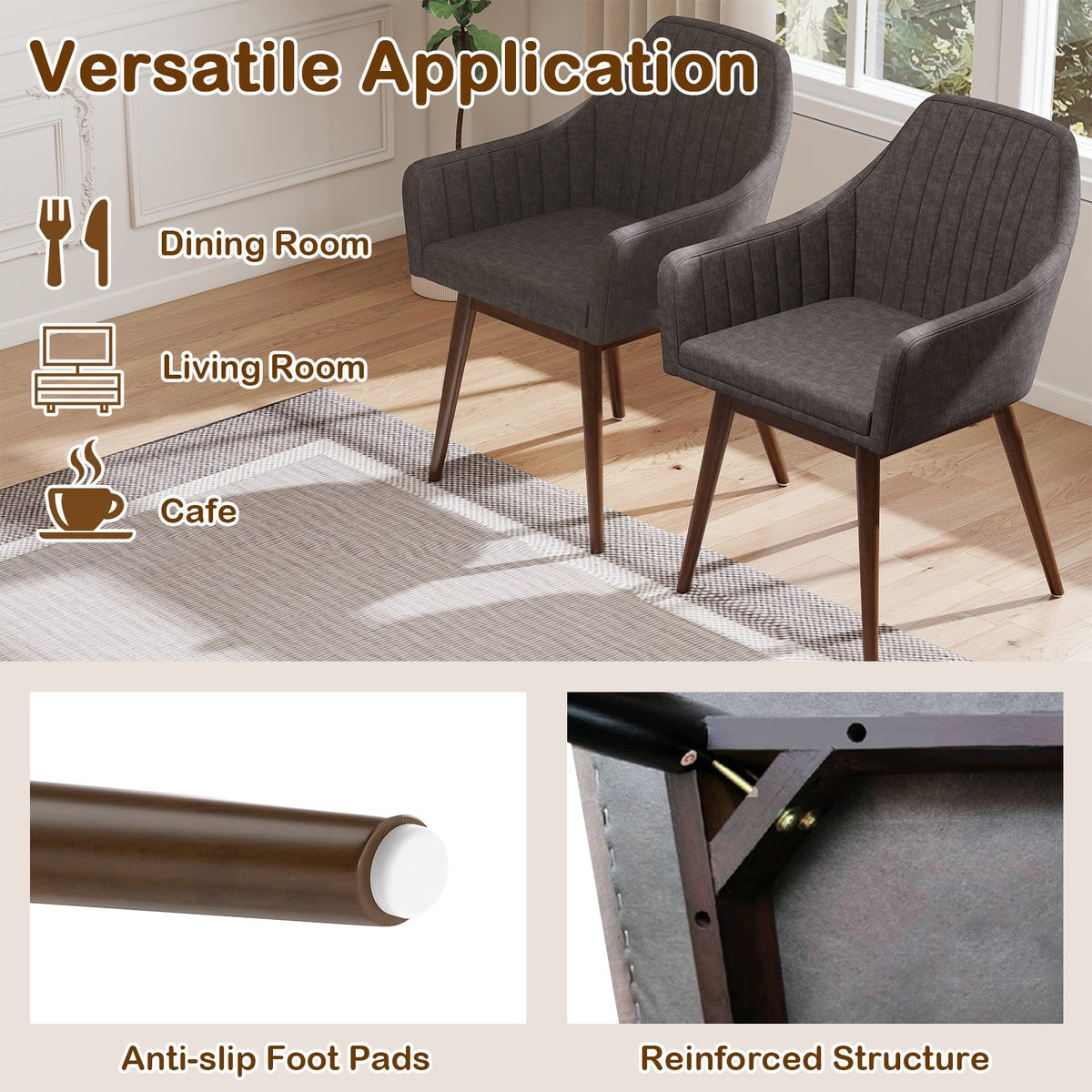 Dining Chairs Set of 2 Upholstered Accent Chairs with Comfy Padded Backrest and Seat-Gray view 8