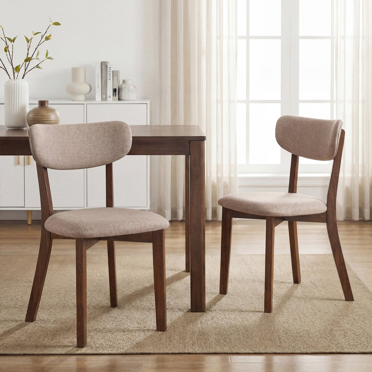 Dining Chairs Set of 2 Upholstered Mid-Back Chairs with Solid Rubber Wood Frame-Beige view 3