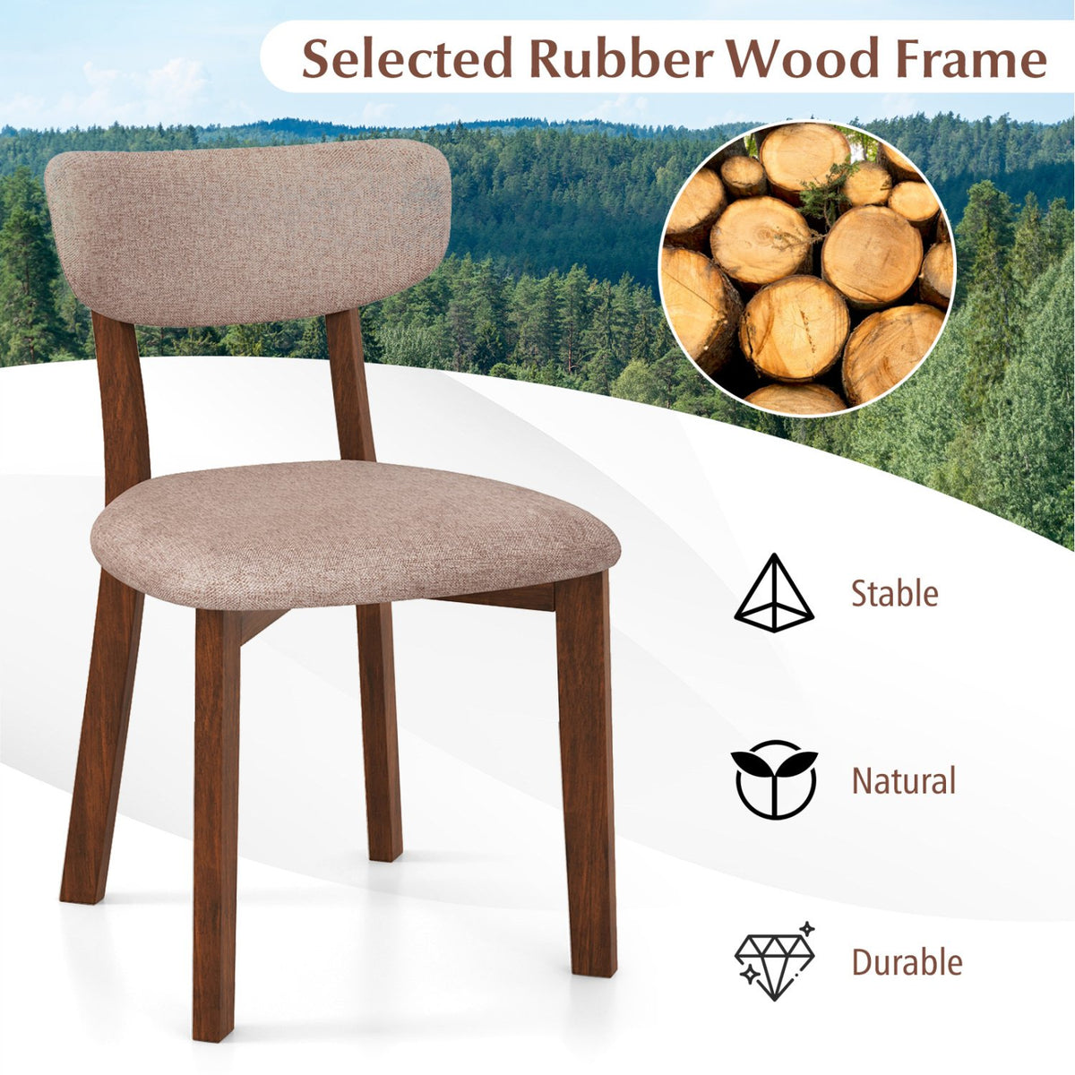 Dining Chairs Set of 2 Upholstered Mid-Back Chairs with Solid Rubber Wood Frame-Beige view 5