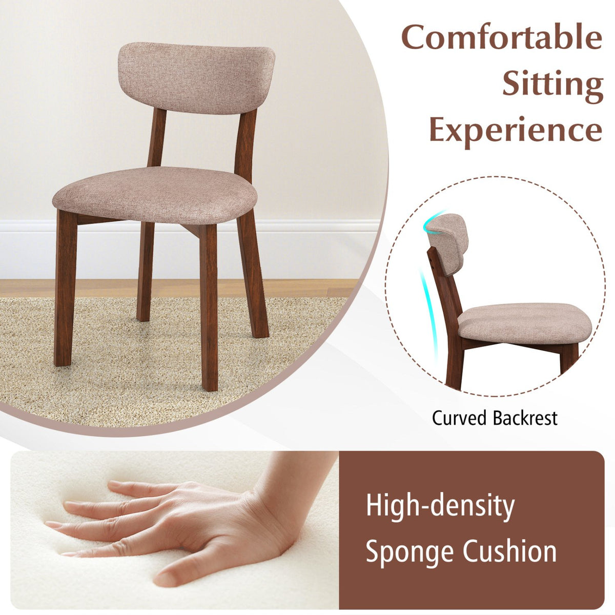 Dining Chairs Set of 2 Upholstered Mid-Back Chairs with Solid Rubber Wood Frame-Beige view 6