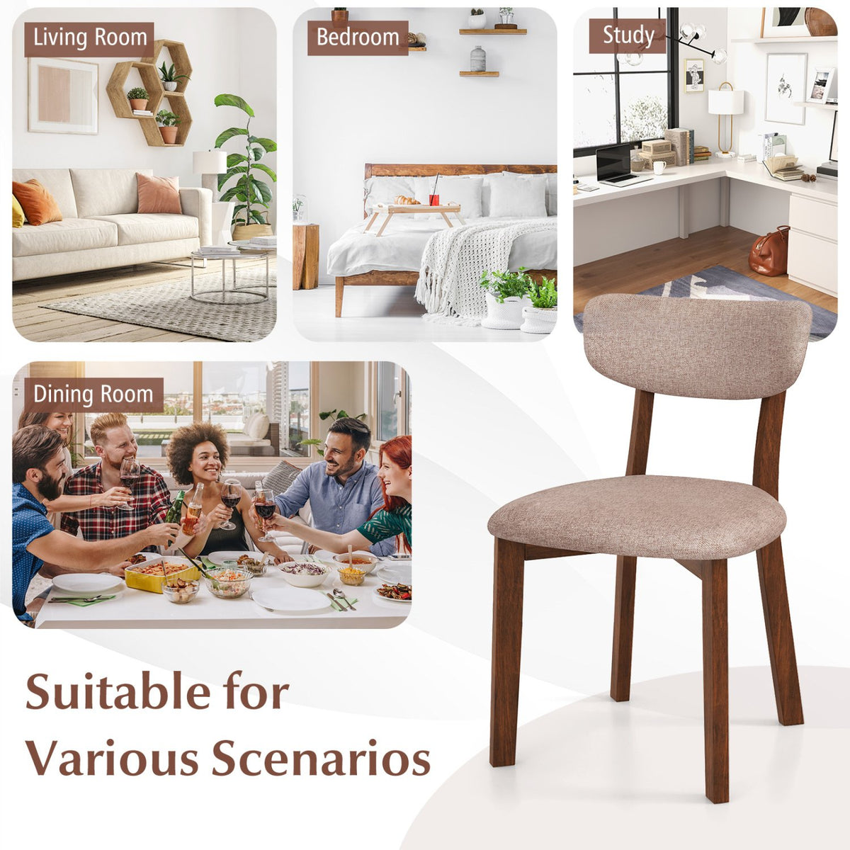 Dining Chairs Set of 2 Upholstered Mid-Back Chairs with Solid Rubber Wood Frame-Beige view 7