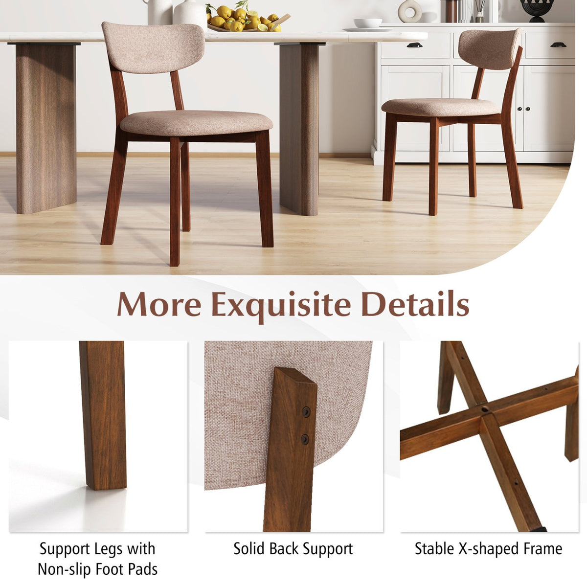 Dining Chairs Set of 2 Upholstered Mid-Back Chairs with Solid Rubber Wood Frame-Beige view 8