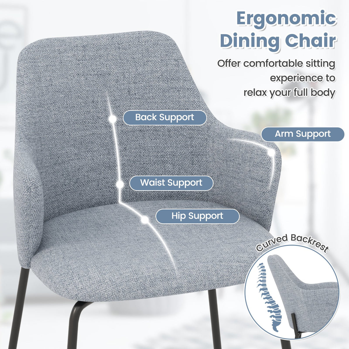 Dining Chairs Set of 2 with Curved Backrest, Wide Seat and Armrests-Gray view 6