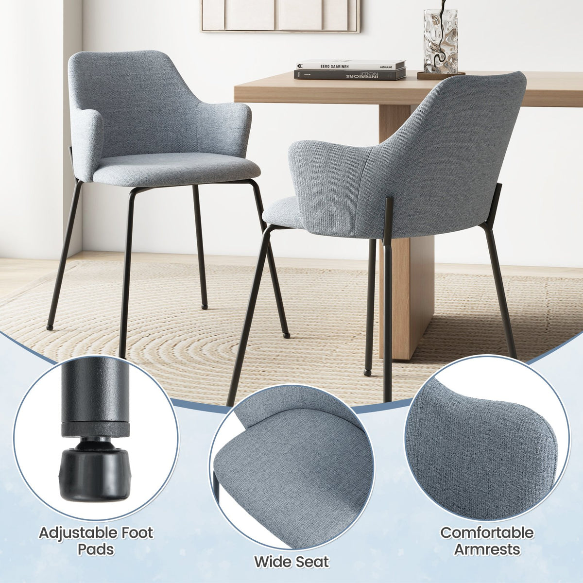Dining Chairs Set of 2 with Curved Backrest, Wide Seat and Armrests-Gray view 8