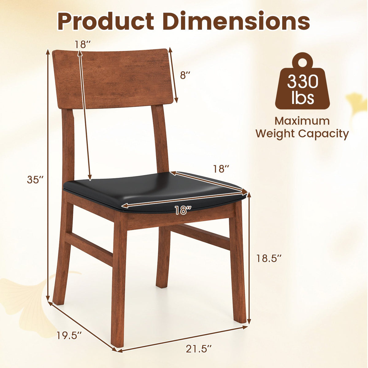 Dining Chairs Set of 2 with Rubber Wood Legs and Faux Leather Upholstered Seat-Black view 5