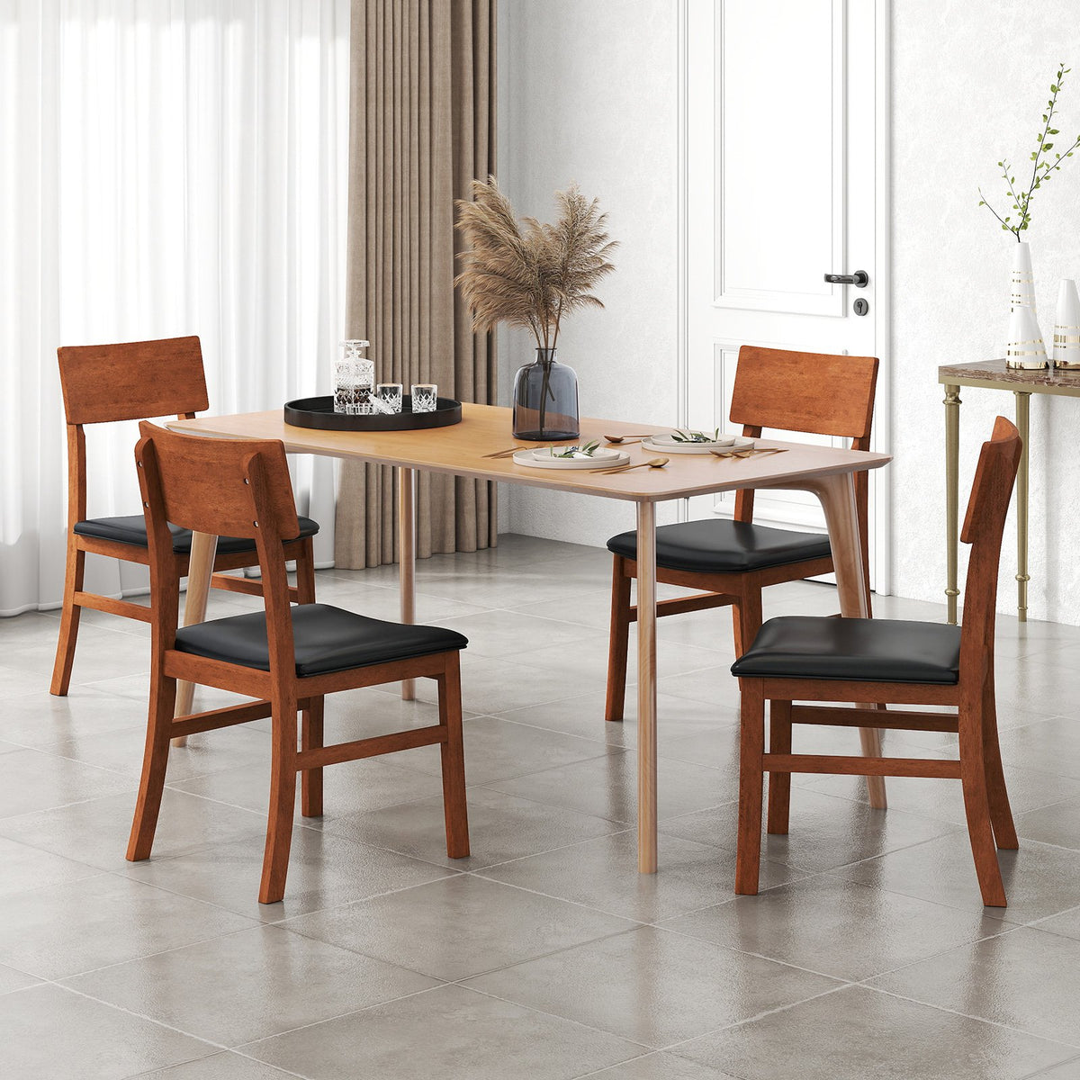 Dining Chairs Set of 2 with Rubber Wood Legs and Faux Leather Upholstered Seat-Black view 6