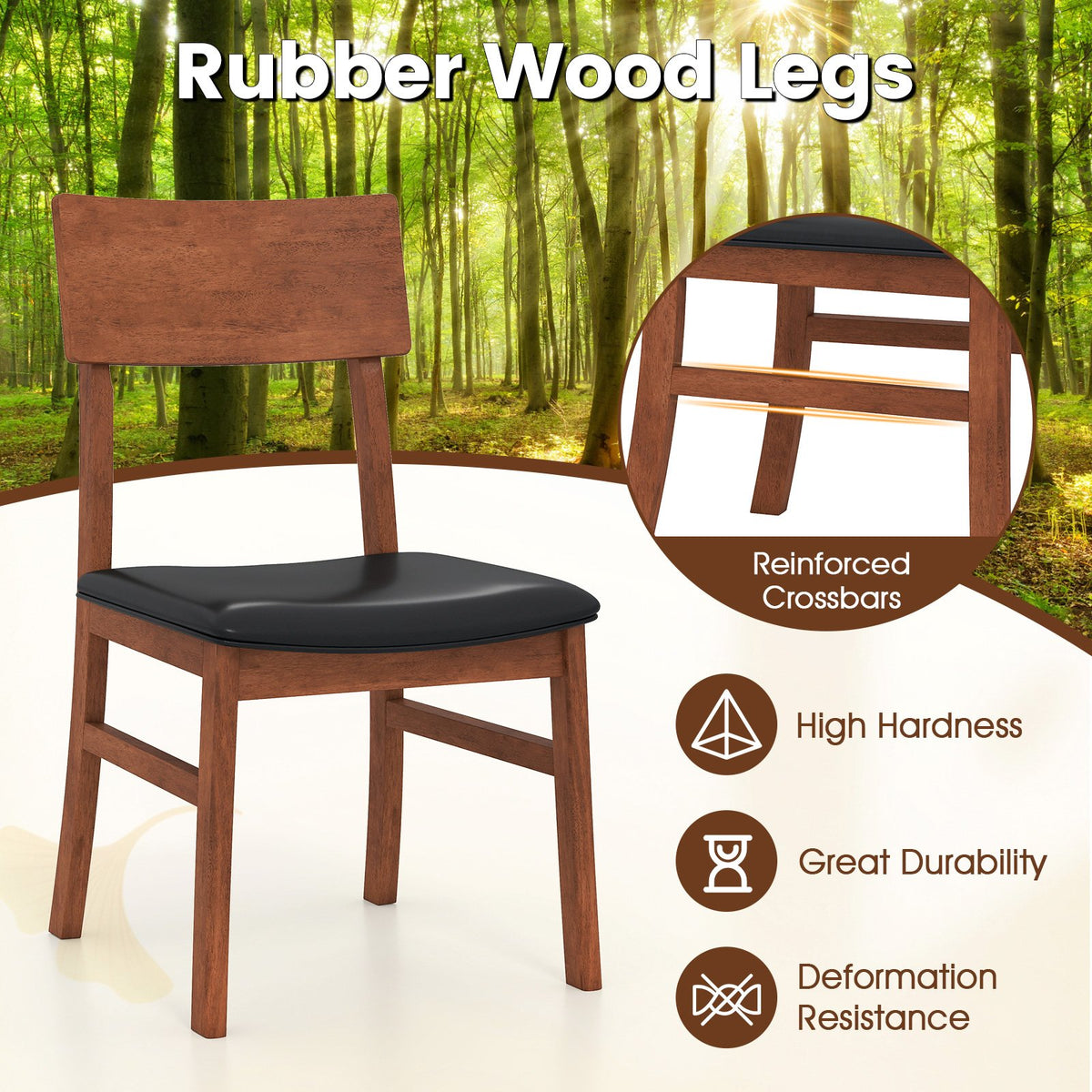 Dining Chairs Set of 2 with Rubber Wood Legs and Faux Leather Upholstered Seat-Black view 8