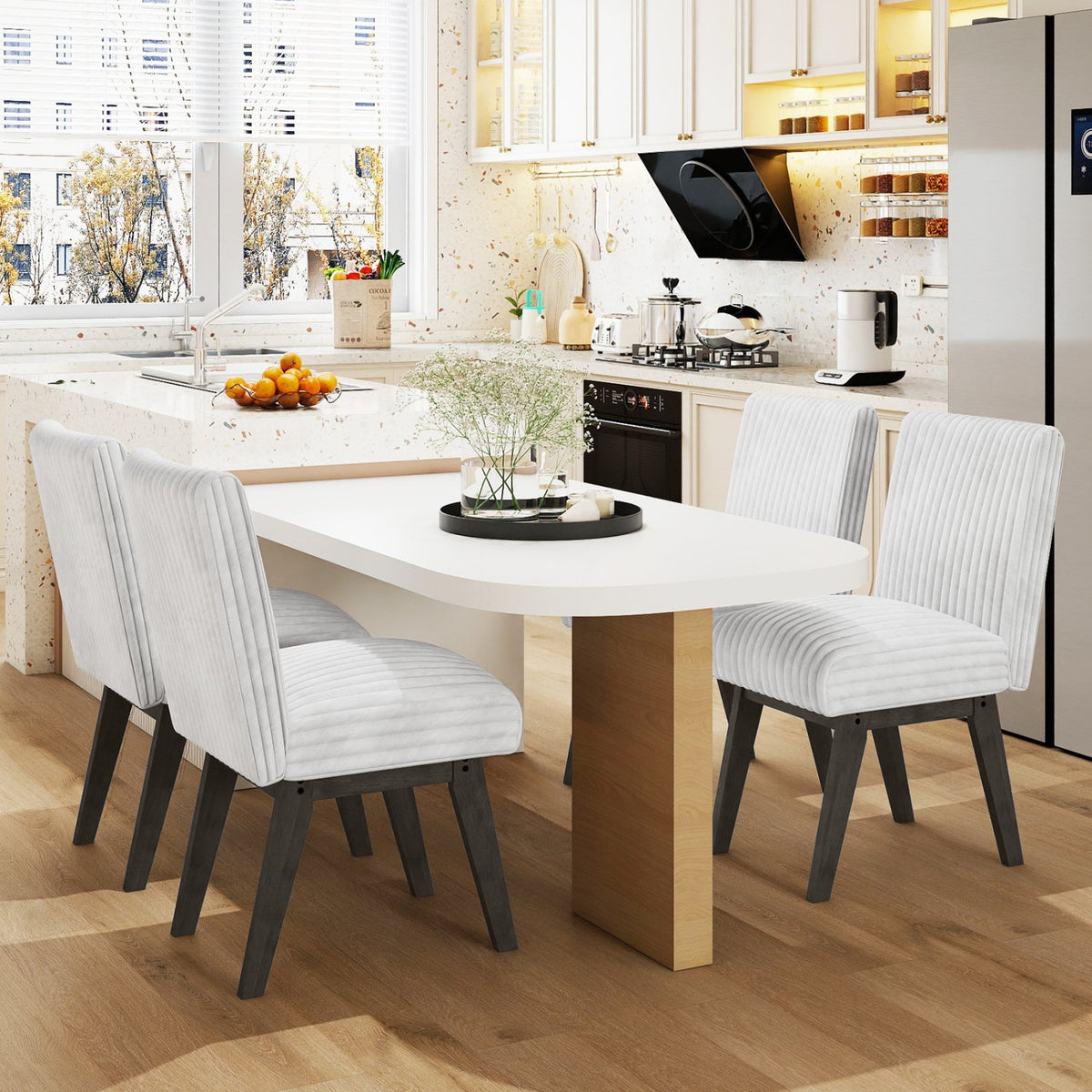 Dining Chairs Set of 4 Fabric Upholstered Kitchen Chairs with Padded Seat and Rubber Wood Legs-White+Gray view 3