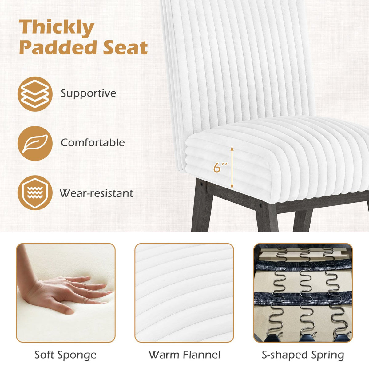 Dining Chairs Set of 4 Fabric Upholstered Kitchen Chairs with Padded Seat and Rubber Wood Legs-White+Gray view 6