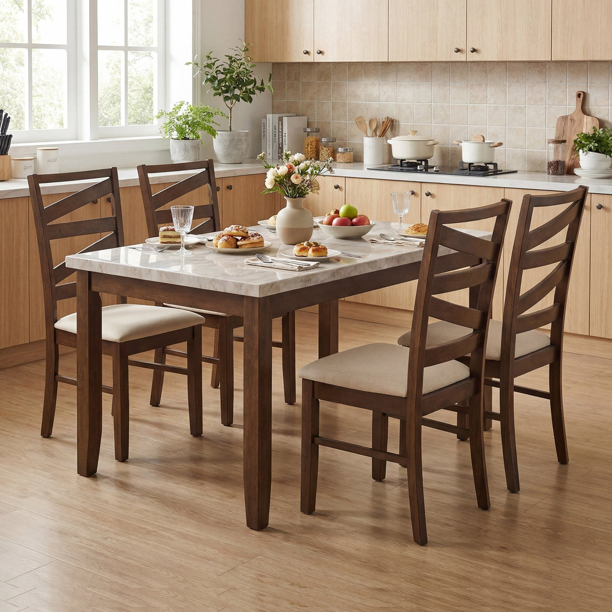 Dining Chairs Set of 4 with Backrests and Rubber Wood Frames-Brown view 2