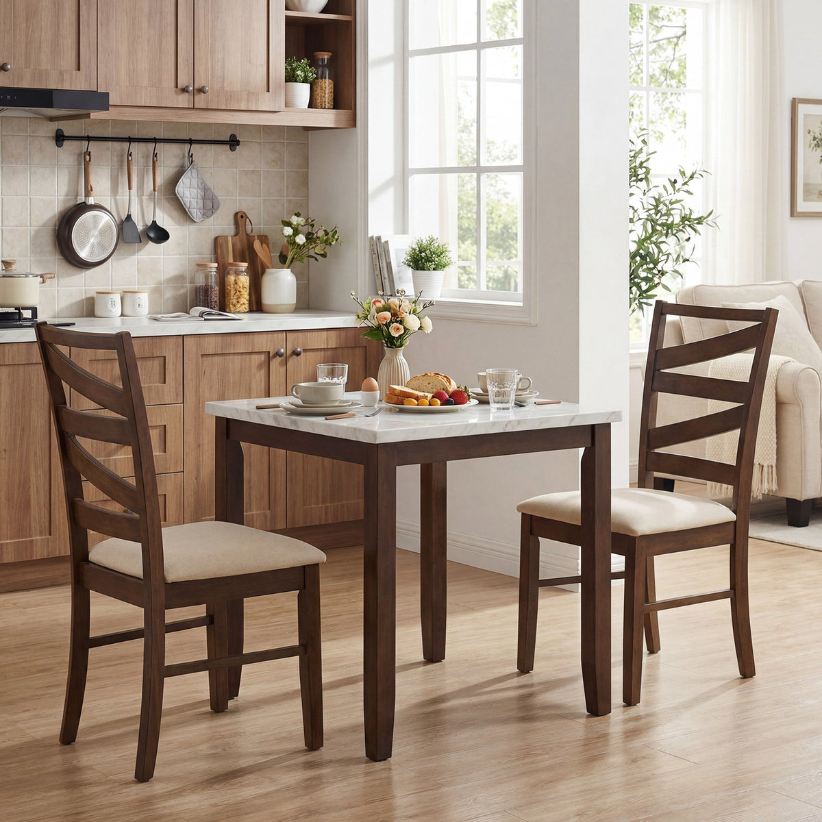Dining Chairs Set of 4 with Backrests and Rubber Wood Frames-Brown view 3