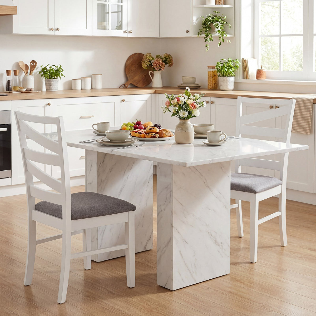 Dining Chairs Set of 4 with Backrests and Rubber Wood Frames-White view 3