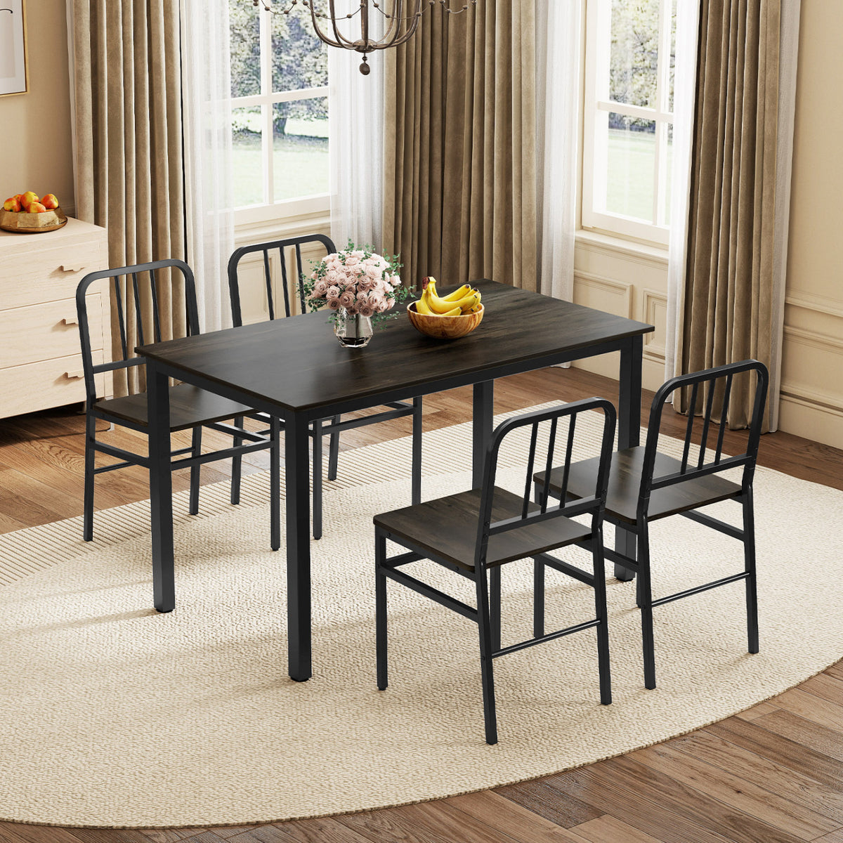 Dining Chairs Set of 4 with Slatted Backrest & Metal Frame and Wooden Seat-Gray view 2