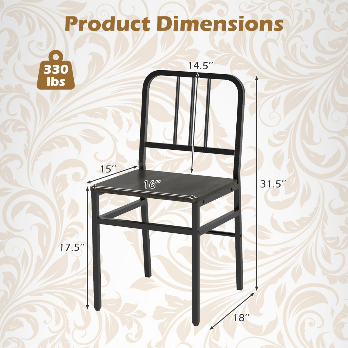 Dining Chairs Set of 4 with Slatted Backrest & Metal Frame and Wooden Seat-Gray view 4