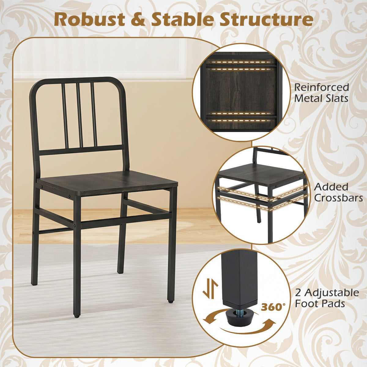 Dining Chairs Set of 4 with Slatted Backrest & Metal Frame and Wooden Seat-Gray view 6