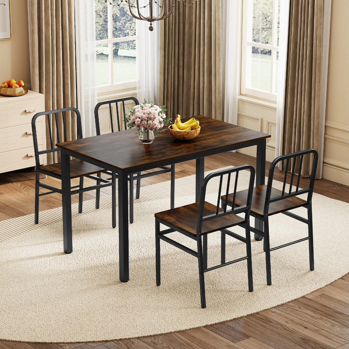 Dining Chairs Set of 4 with Slatted Backrest & Metal Frame and Wooden Seat-Rustic Brown view 2