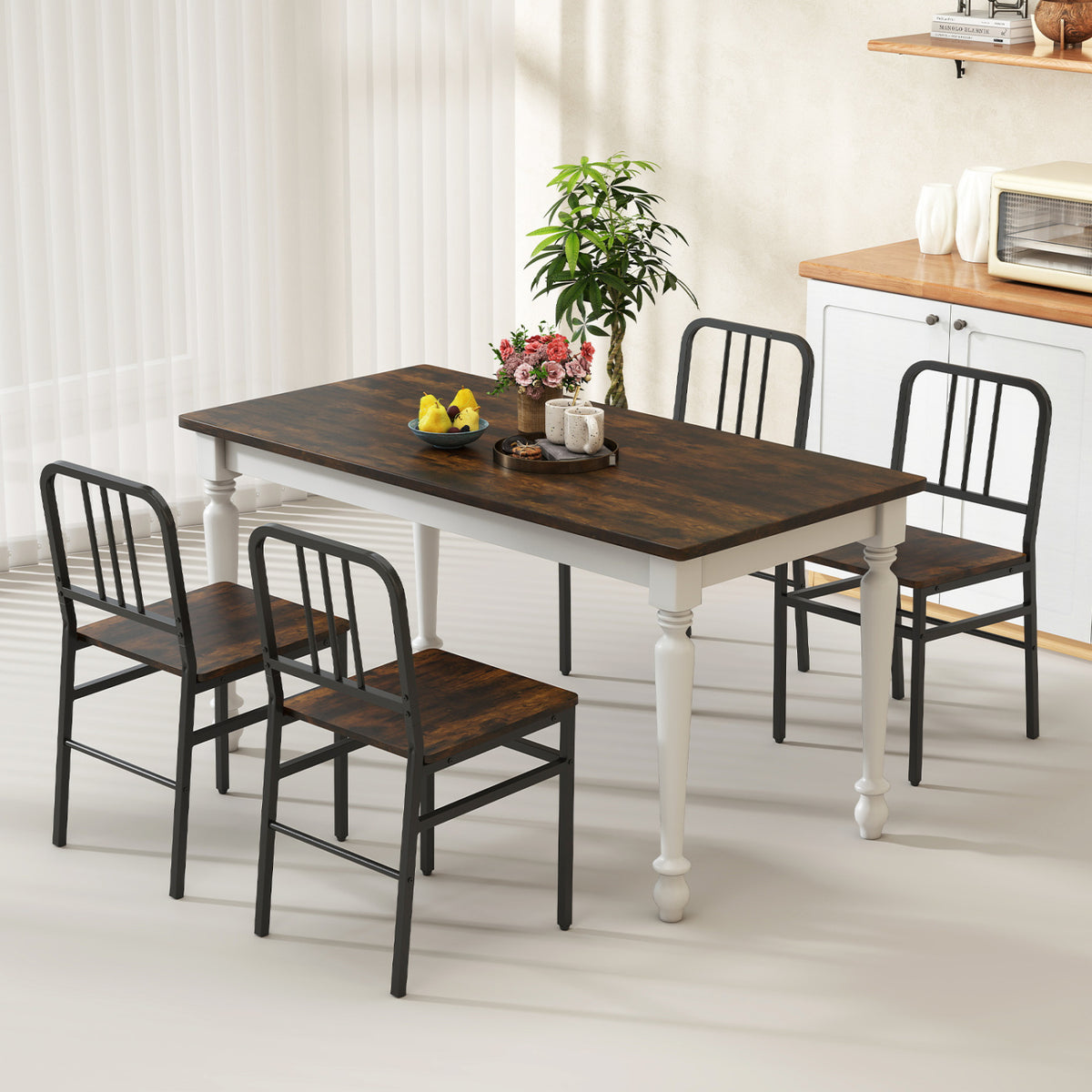 Dining Chairs Set of 4 with Slatted Backrest & Metal Frame and Wooden Seat-Rustic Brown view 3