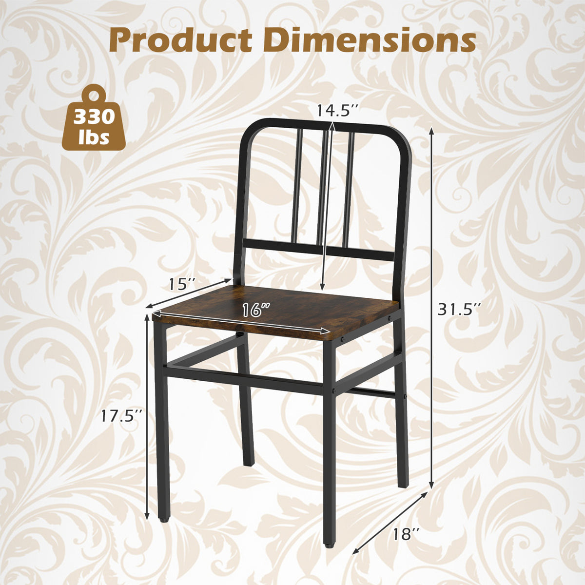 Dining Chairs Set of 4 with Slatted Backrest & Metal Frame and Wooden Seat-Rustic Brown view 4