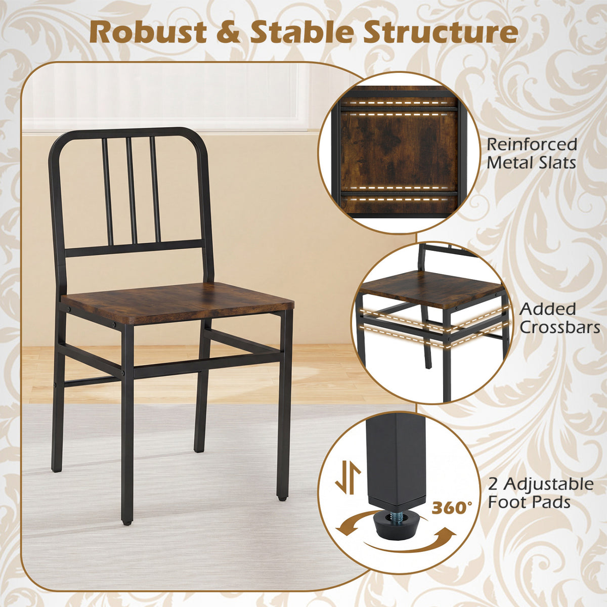 Dining Chairs Set of 4 with Slatted Backrest & Metal Frame and Wooden Seat-Rustic Brown view 6