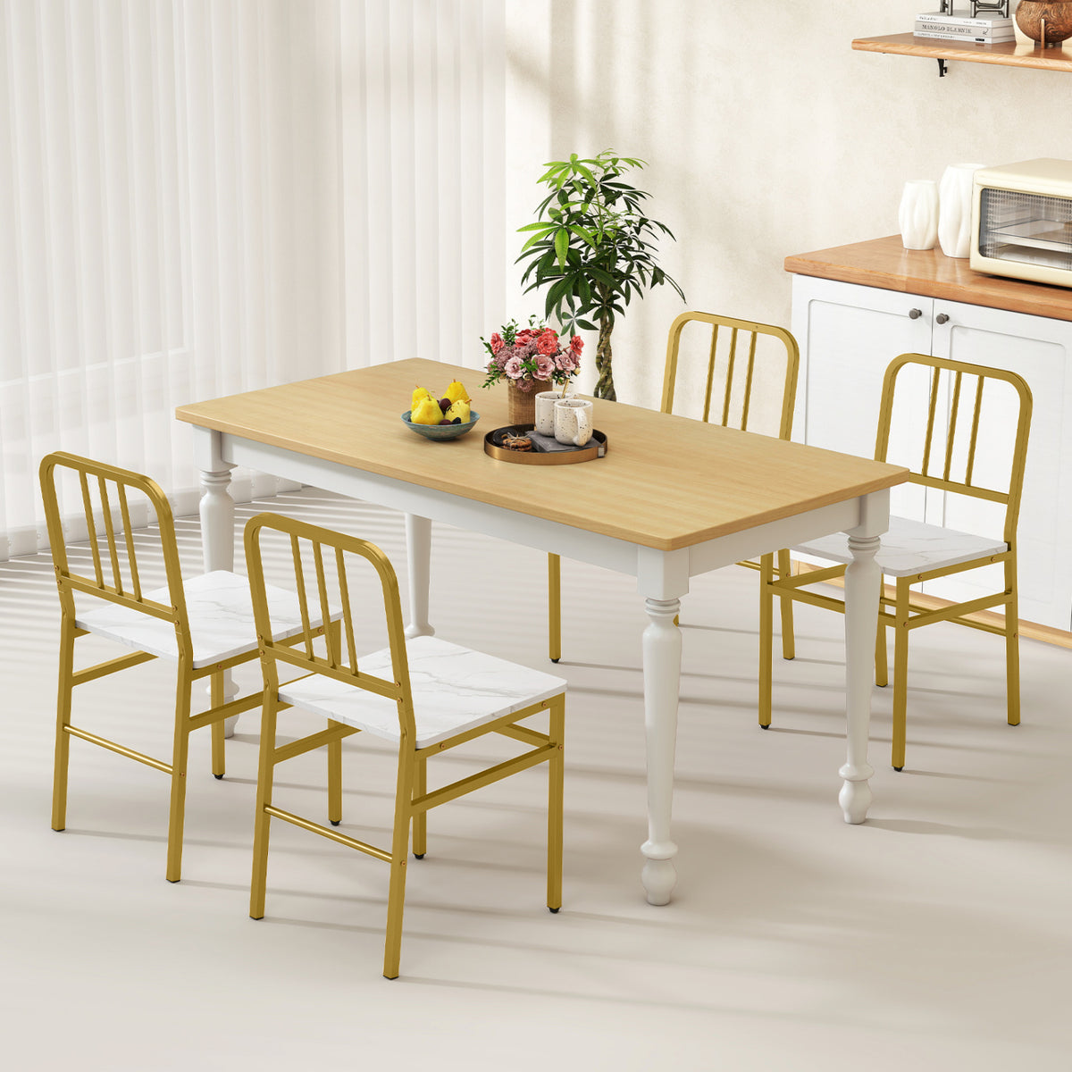 Dining Chairs Set of 4 with Slatted Backrest & Metal Frame and Wooden Seat-White view 3