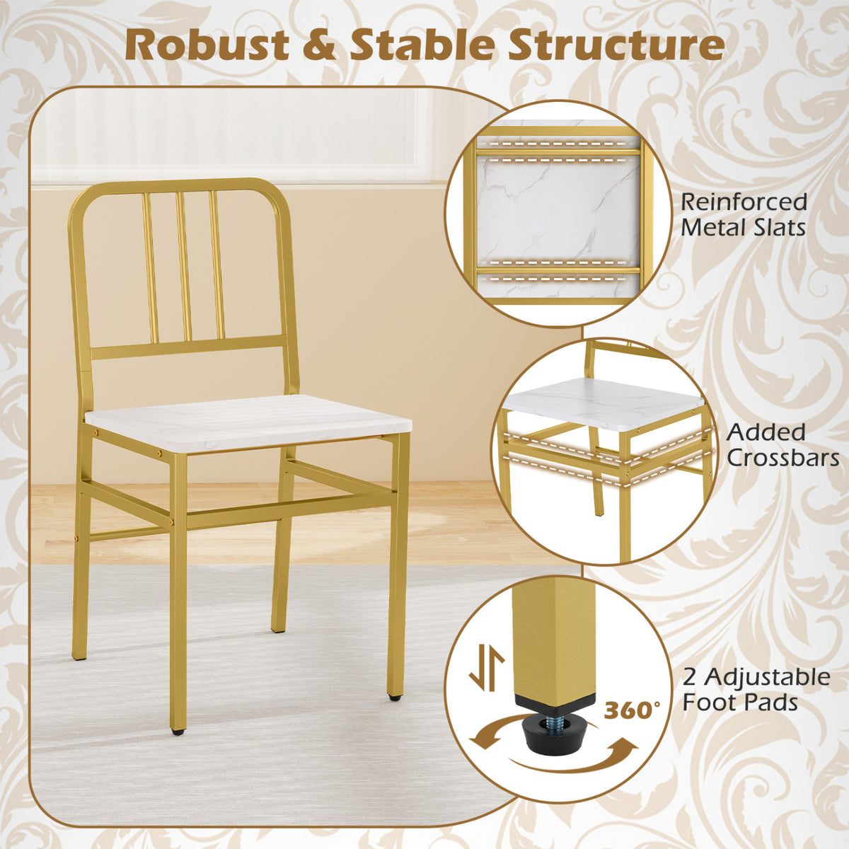 Dining Chairs Set of 4 with Slatted Backrest & Metal Frame and Wooden Seat-White view 6