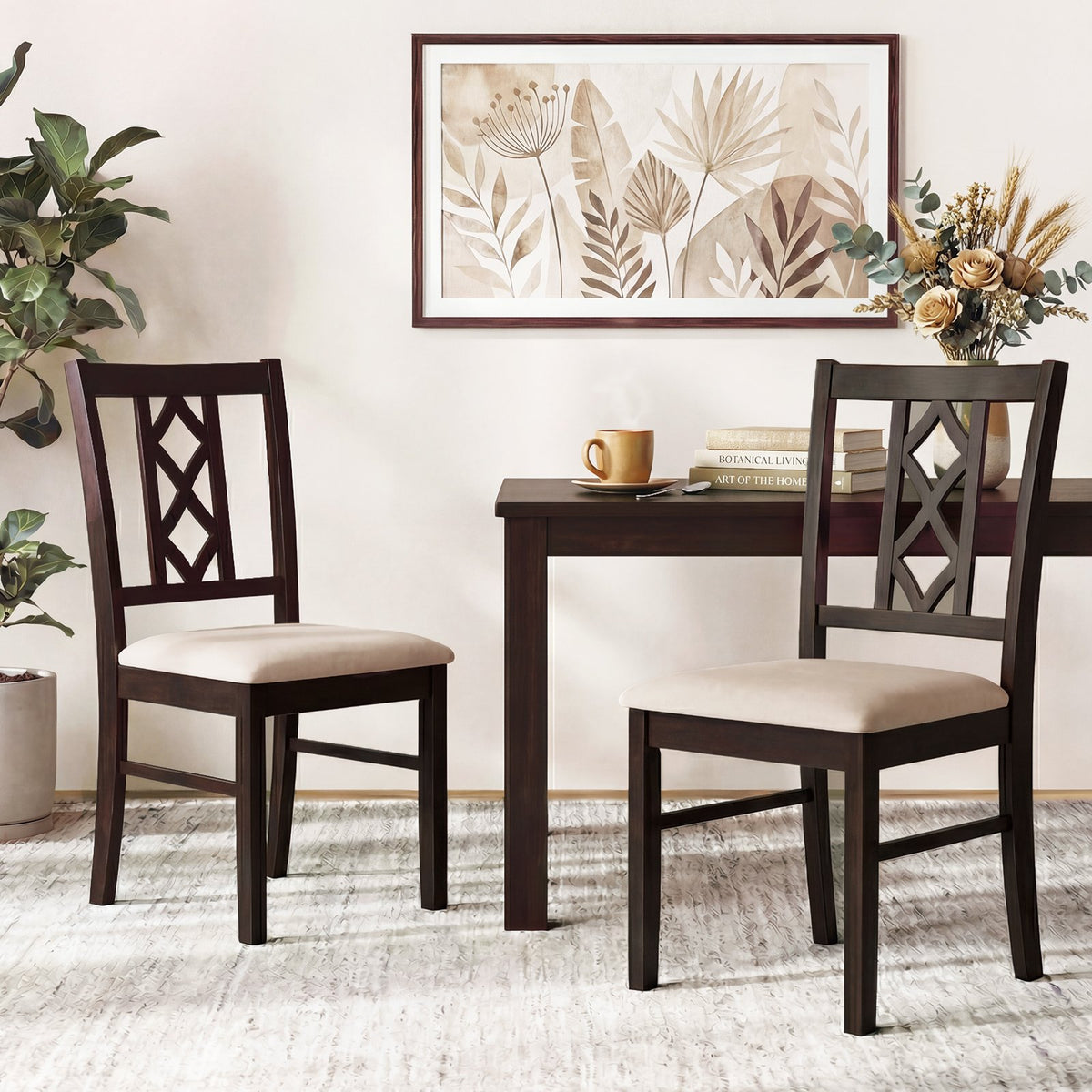 Dining Room Chairs Set of 2 Rubber Wood Dining Chairs with Hollowed Backrest-Brown view 2
