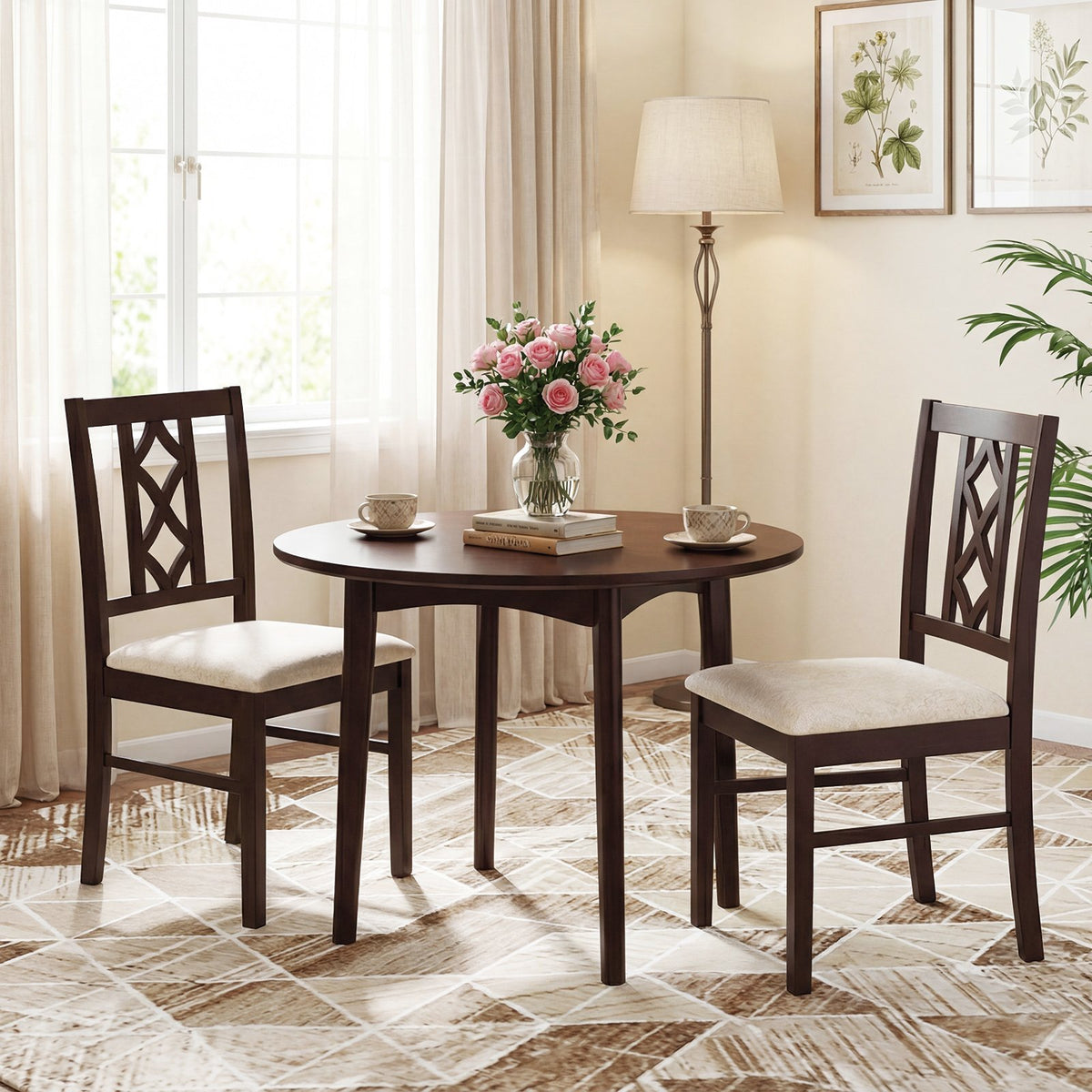 Dining Room Chairs Set of 2 Rubber Wood Dining Chairs with Hollowed Backrest-Brown view 3