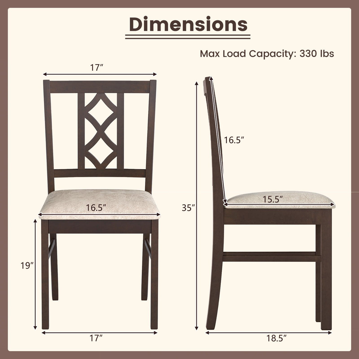 Dining Room Chairs Set of 2 Rubber Wood Dining Chairs with Hollowed Backrest-Brown view 4