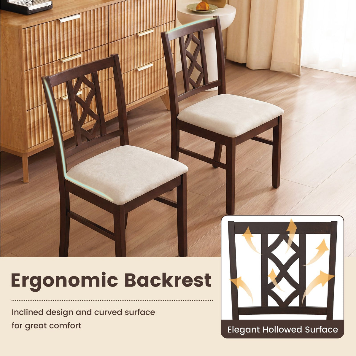 Dining Room Chairs Set of 2 Rubber Wood Dining Chairs with Hollowed Backrest-Brown view 7