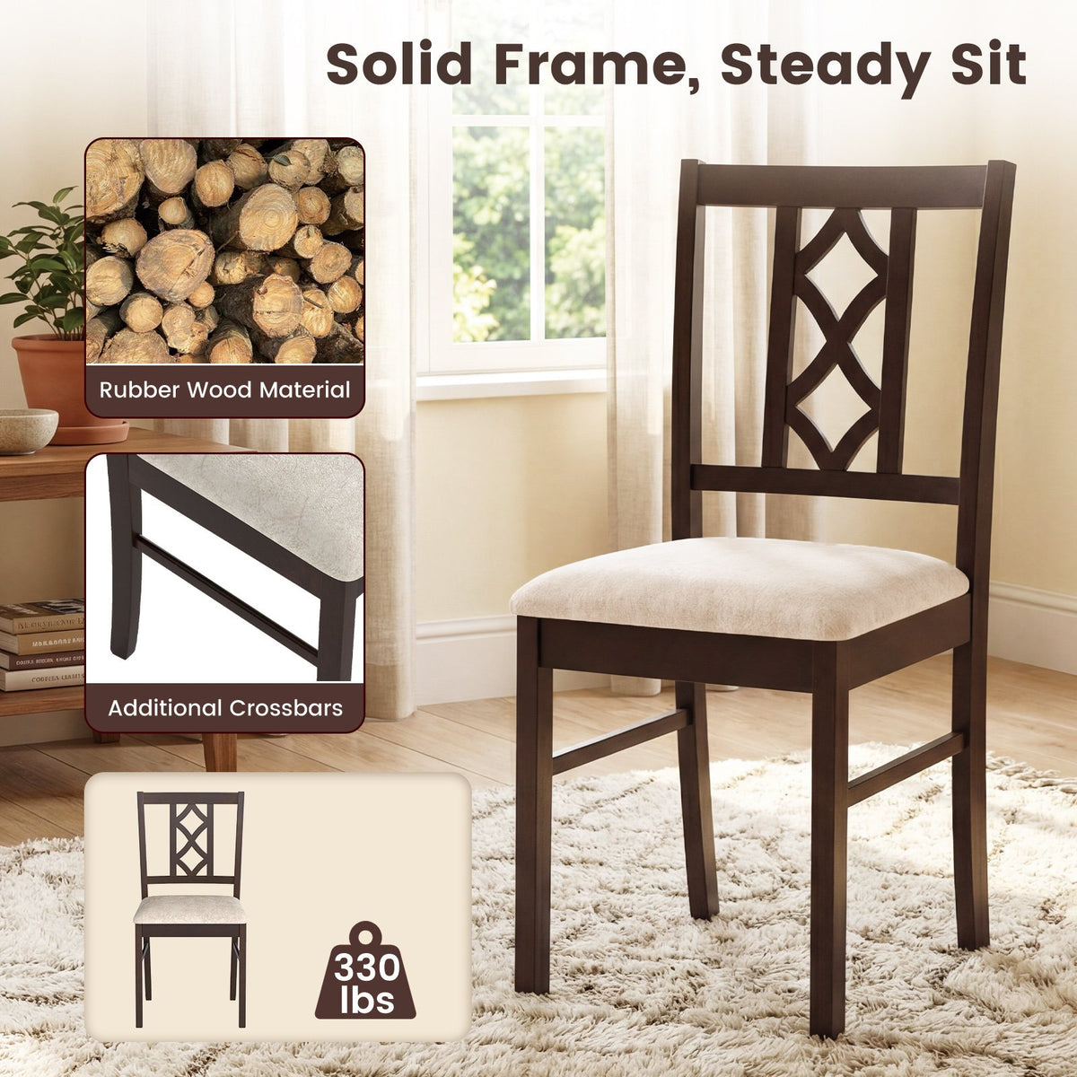 Dining Room Chairs Set of 2 Rubber Wood Dining Chairs with Hollowed Backrest-Brown view 9