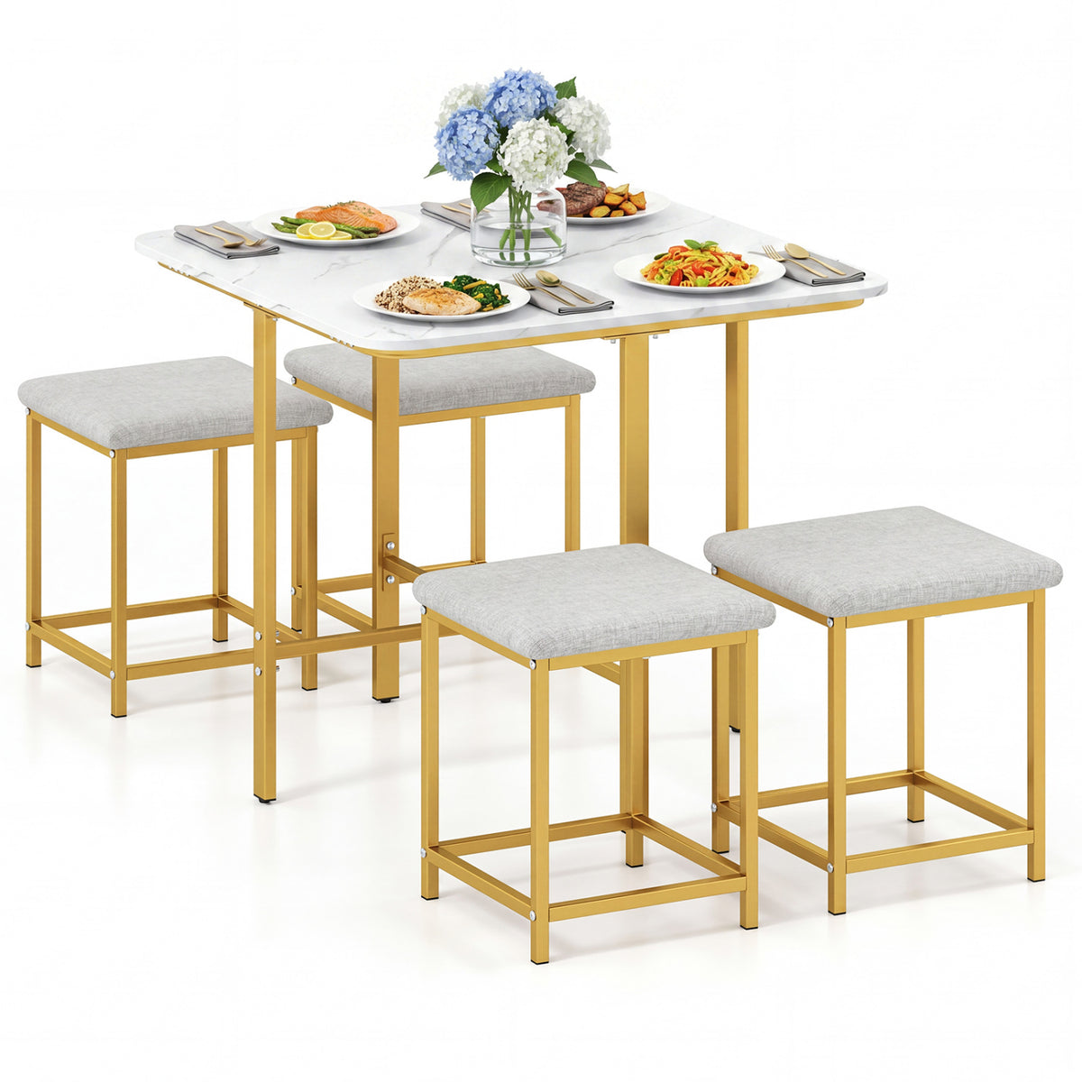 Dining Table Set with 4 Upholstered Stools and Metal Frame-White & Golden view 4