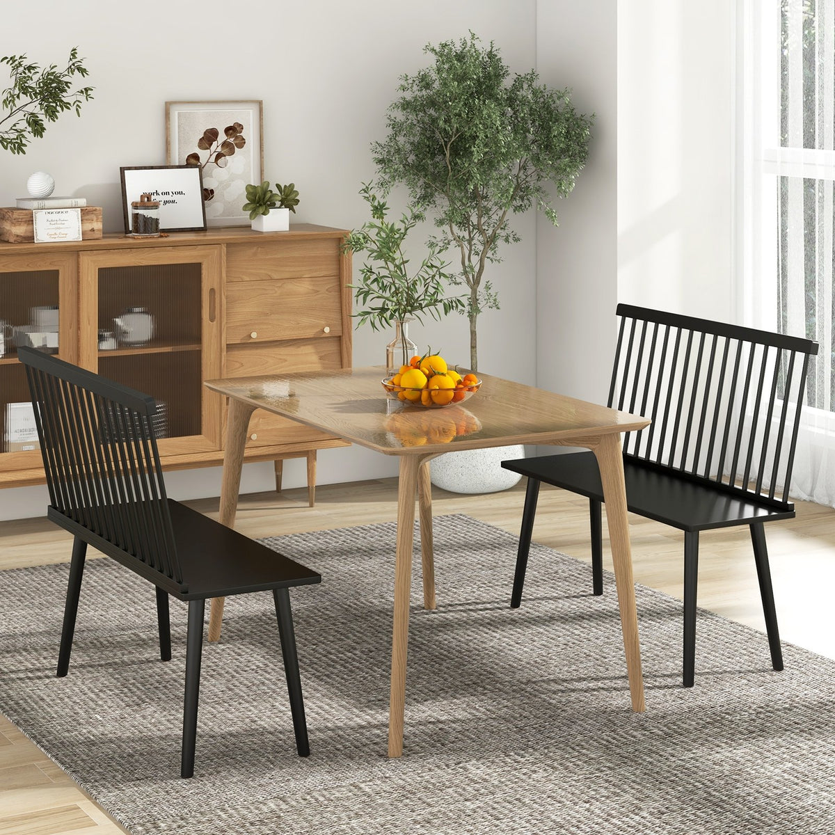 Dining Windsor Bench with Spindle Back and Anti-Slip Foot Pads-Black view 2