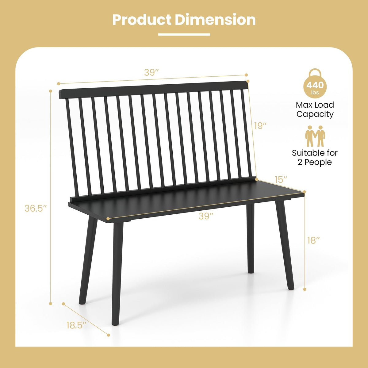 Dining Windsor Bench with Spindle Back and Anti-Slip Foot Pads-Black view 5