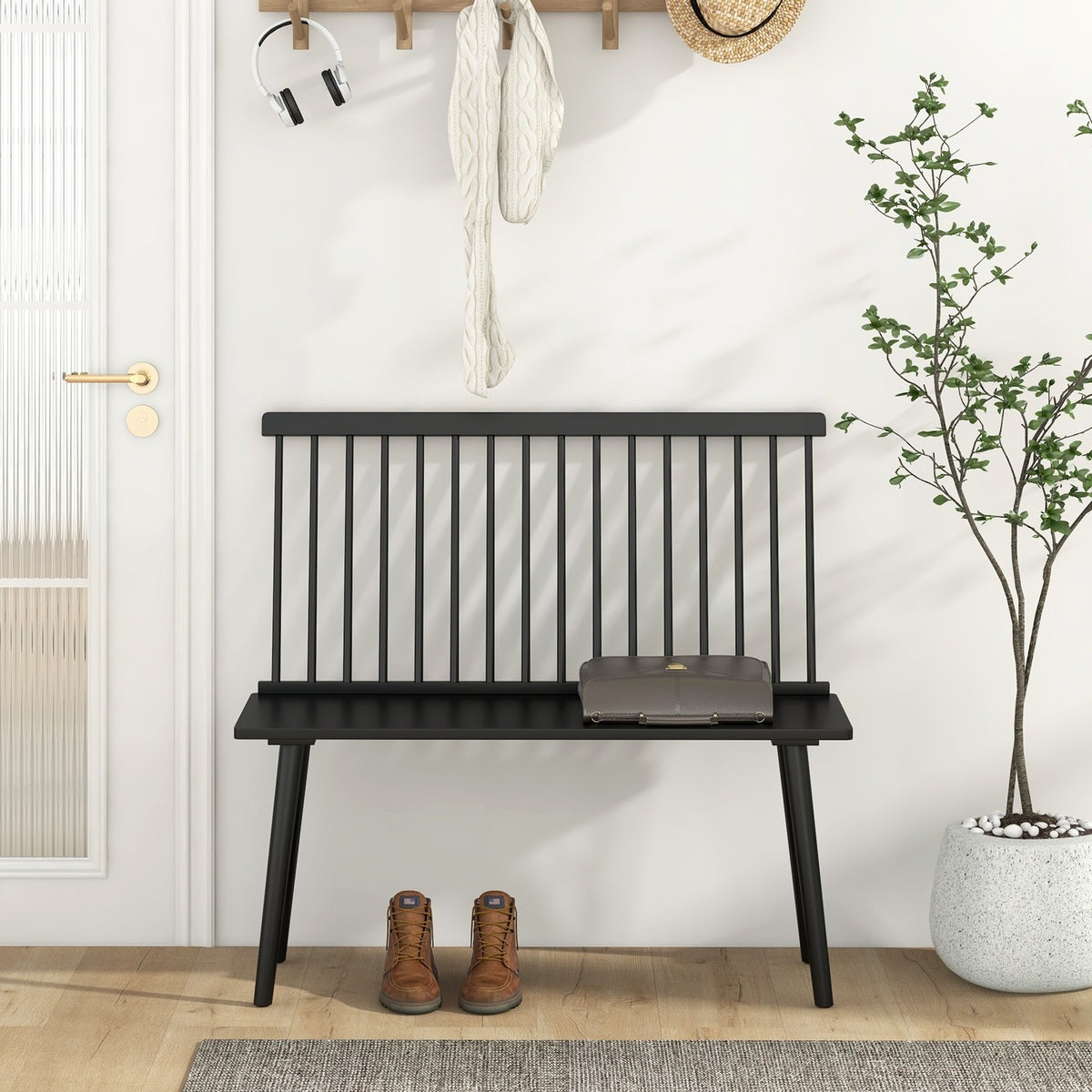 Dining Windsor Bench with Spindle Back and Anti-Slip Foot Pads-Black view 6