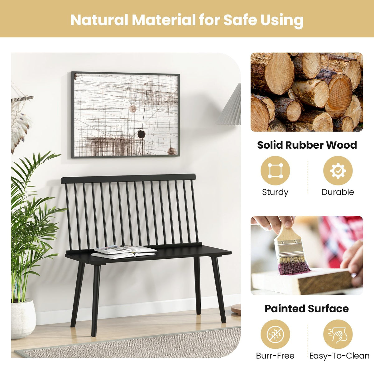 Dining Windsor Bench with Spindle Back and Anti-Slip Foot Pads-Black view 7