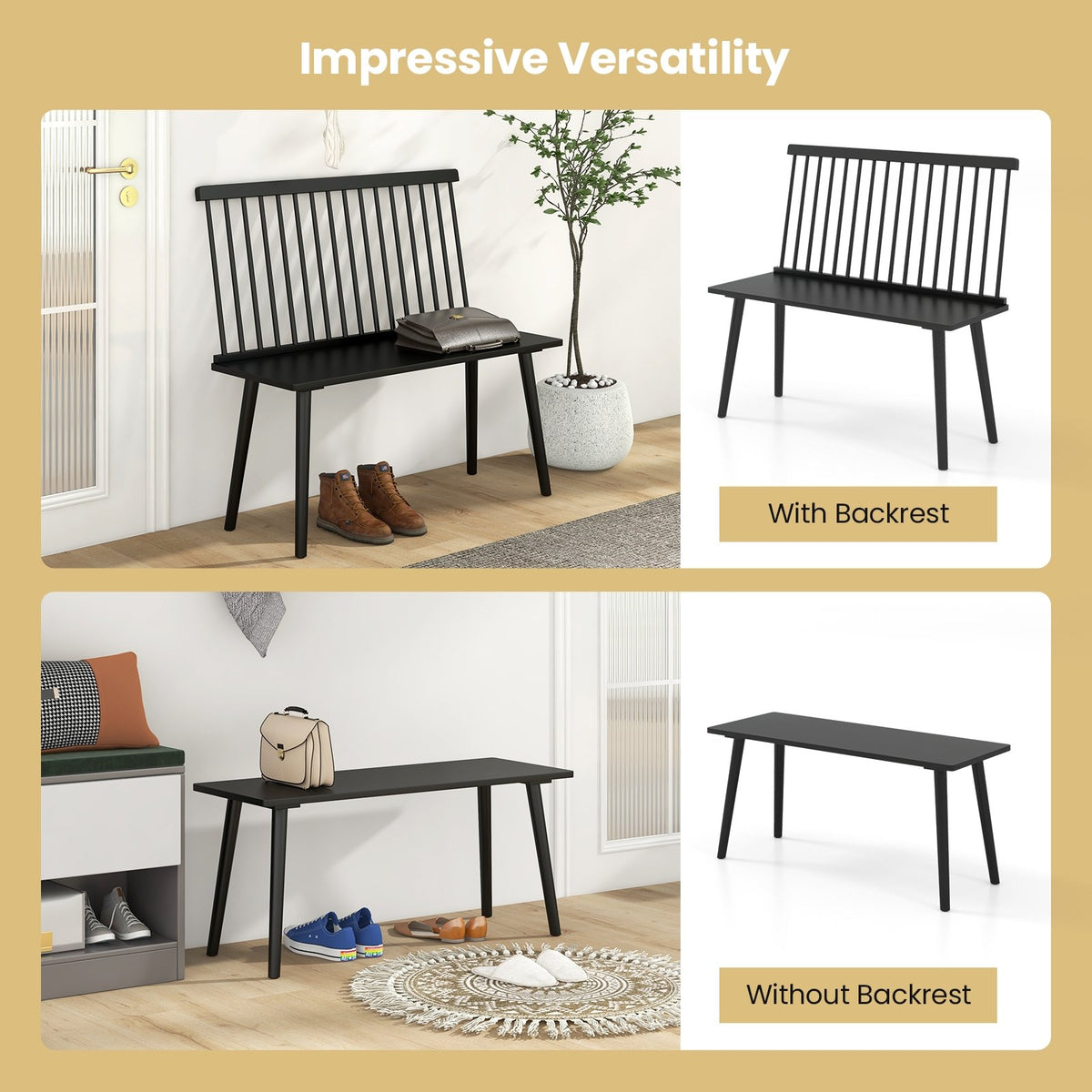 Dining Windsor Bench with Spindle Back and Anti-Slip Foot Pads-Black view 8