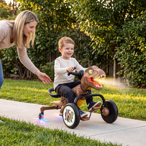 Dinosaur Drift Tricycle with Lights and Spray and 360-Degree Spin Mode-Brown view 3