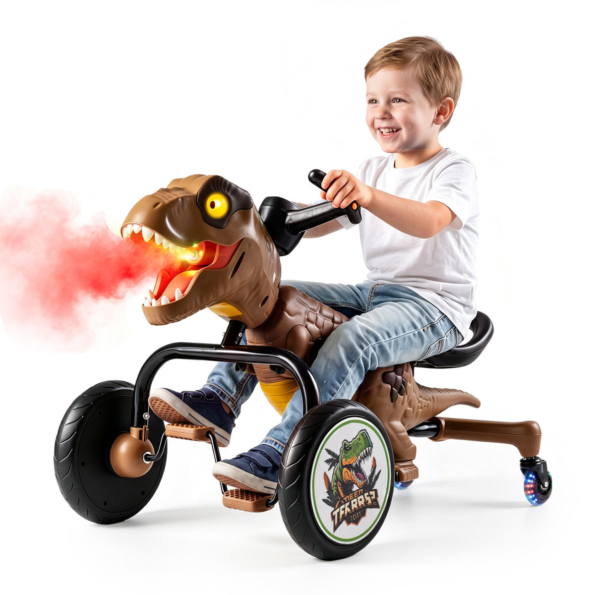 Dinosaur Drift Tricycle with Lights and Spray and 360-Degree Spin Mode-Brown view 4