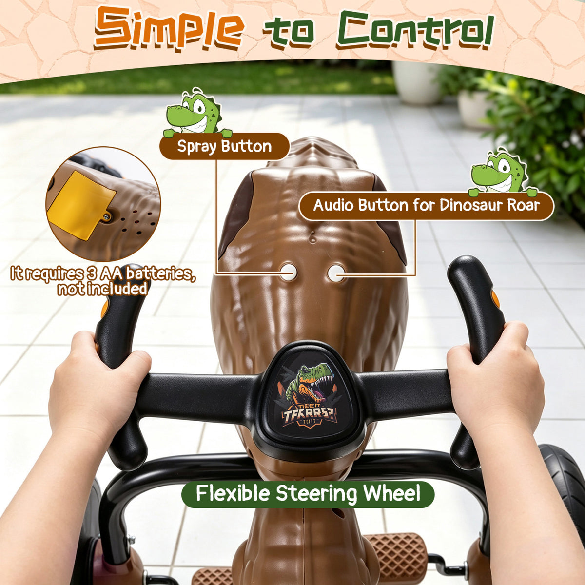 Dinosaur Drift Tricycle with Lights and Spray and 360-Degree Spin Mode-Brown view 7