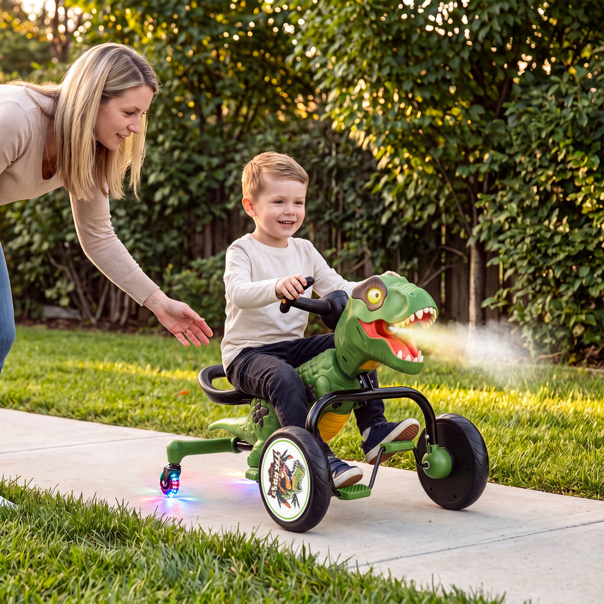 Dinosaur Drift Tricycle with Lights and Spray and 360-Degree Spin Mode-Green view 2