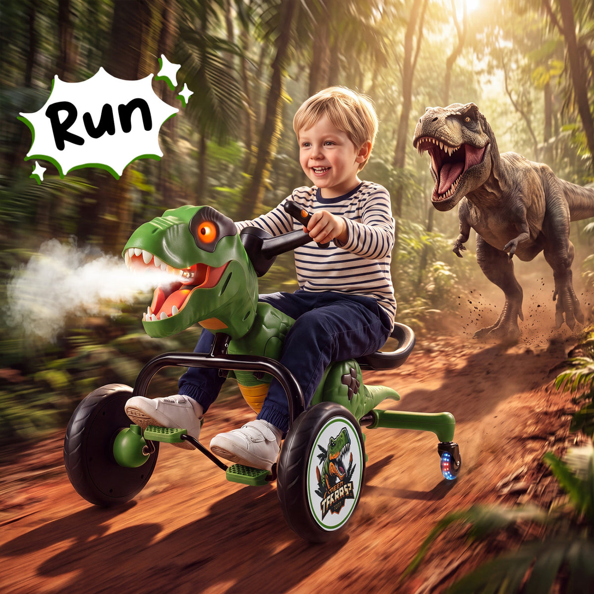 Dinosaur Drift Tricycle with Lights and Spray and 360-Degree Spin Mode-Green view 3