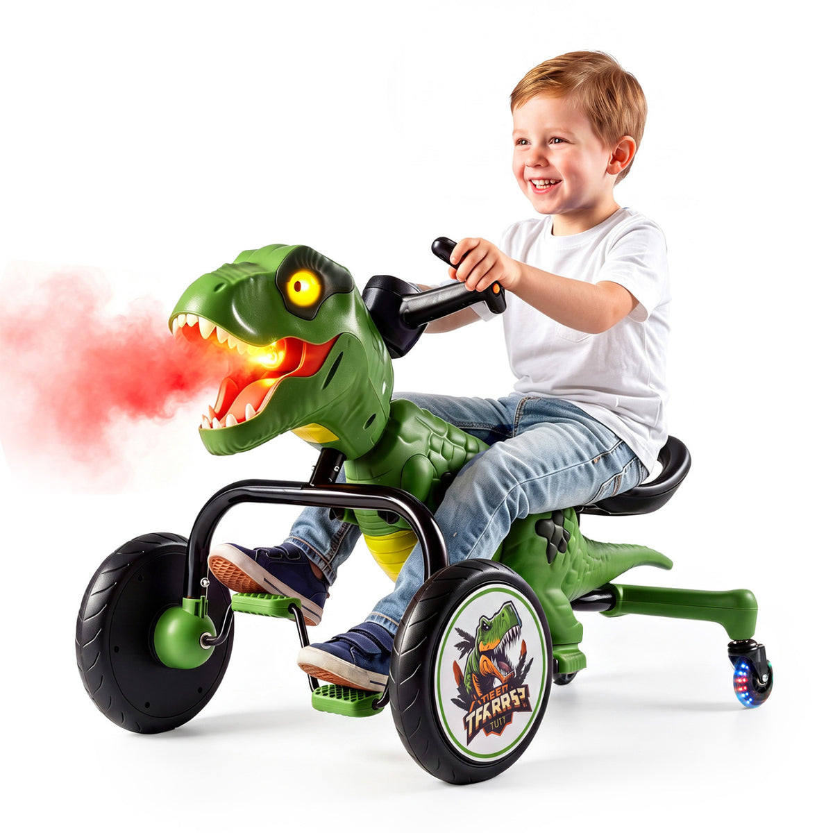 Dinosaur Drift Tricycle with Lights and Spray and 360-Degree Spin Mode-Green view 4